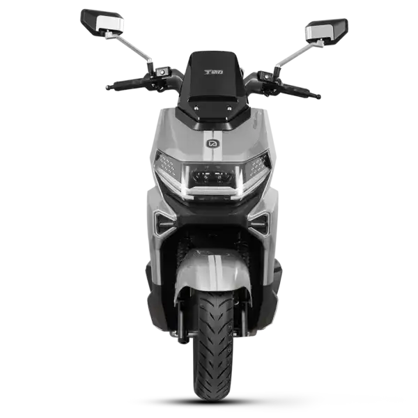 Modern electric scooter with sleek design, front view highlighting aerodynamic body, LED headlights, and digital display, ideal for urban commuting and eco-friendly transportation.