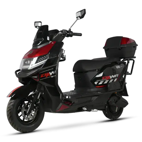 An electric scooter designed for city travel, featuring a sleek black and red finish, comfortable seat, and practical storage box, ideal for eco-friendly transportation.