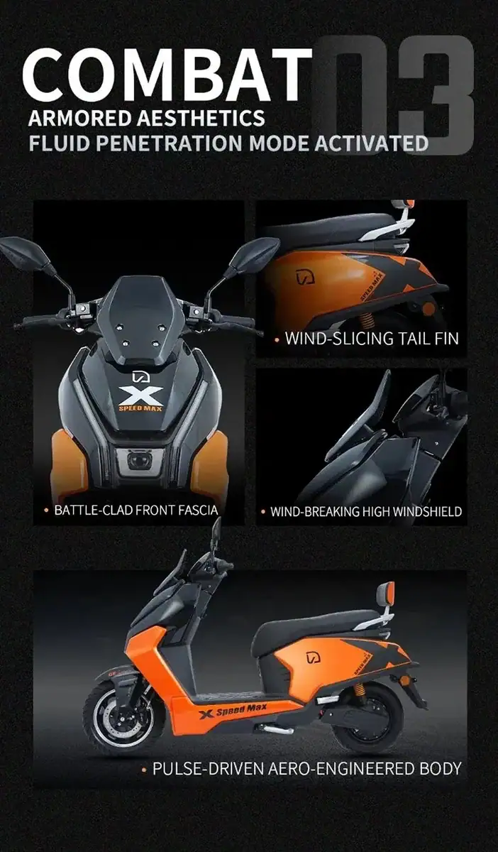 High-performance X-ONE Combat electric scooter with advanced aerodynamics, wind-slicing tail fin, high windshield, and pulse-driven aero-engineered body for enhanced speed and stability.