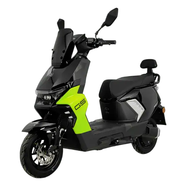 Electric scooter with modern design and bright green accents, ideal for urban commuting and eco-friendly transportation.