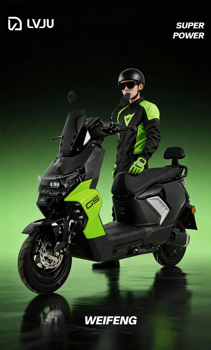 Modern electric scooter with sporty design, black and neon green color scheme, and advanced features for urban commuting.