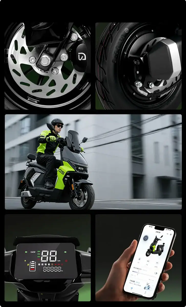 Electric scooter with advanced braking system and digital display.