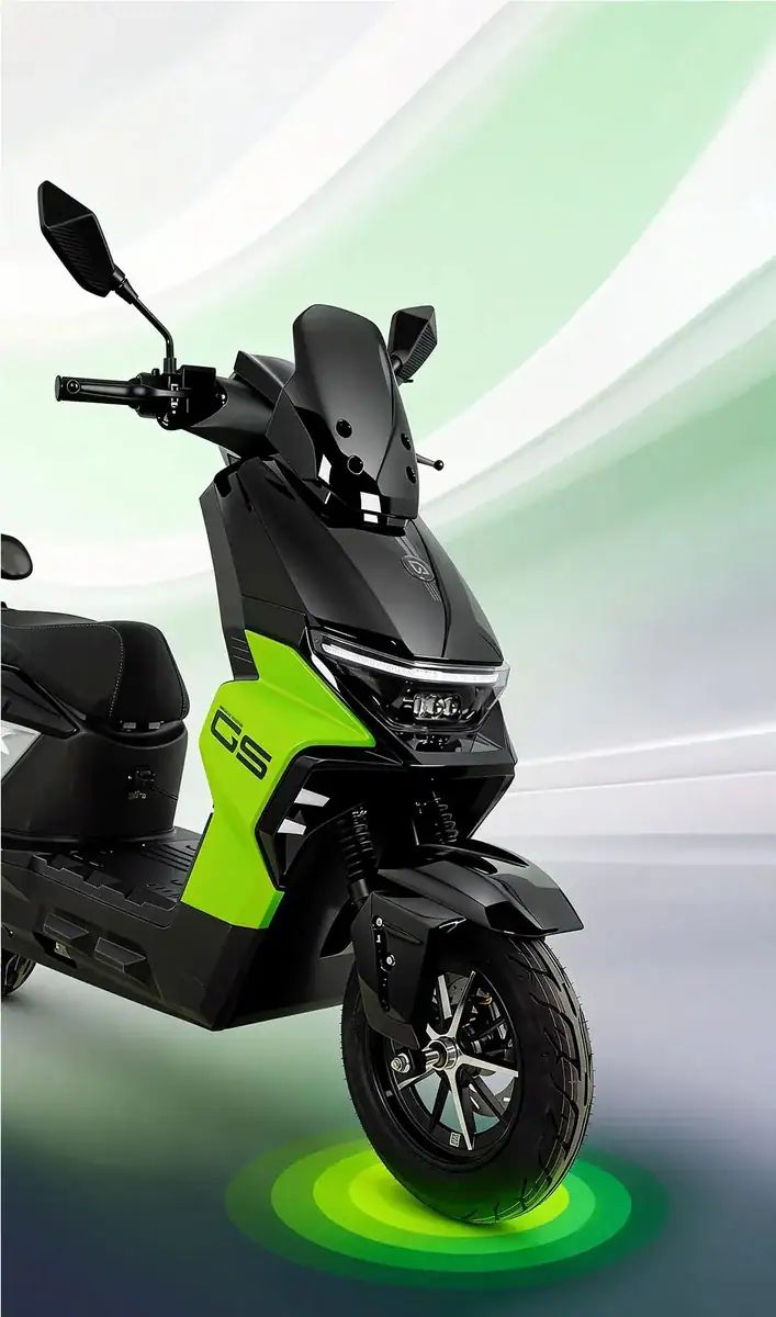 Electric scooter with sleek black and green design, featuring advanced features for eco-friendly urban transportation. Perfect for city commuting, combining style and efficiency.