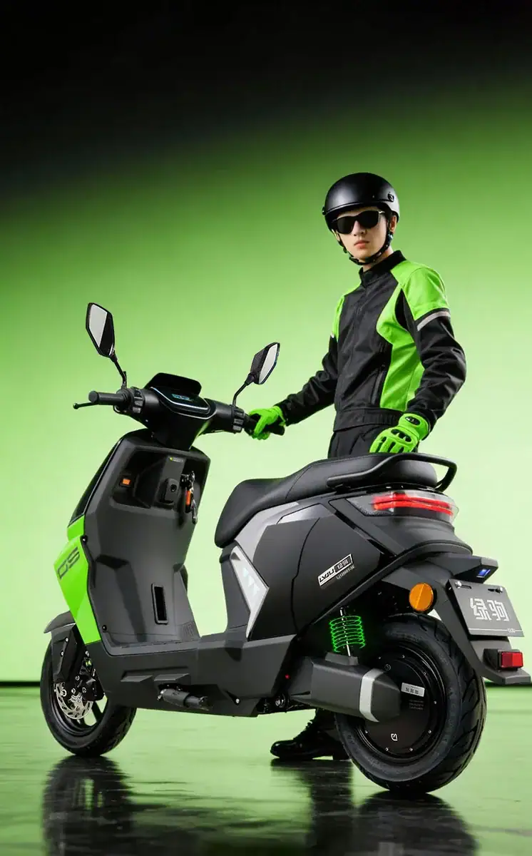 Modern electric scooter with rider in black and green gear, featuring a sleek design and eco-friendly features, ideal for urban commuting.