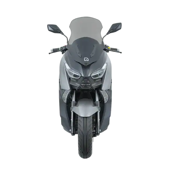 Front view of the Phantom Max electric motorcycle showcasing sleek design, modern headlights, and aerodynamic features, ideal for eco-friendly urban commuting.