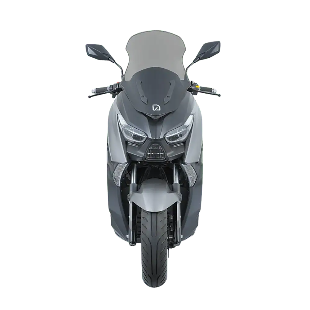 Front view of the Phantom Max electric motorcycle showcasing sleek design, modern headlights, and aerodynamic features, ideal for eco-friendly urban commuting.