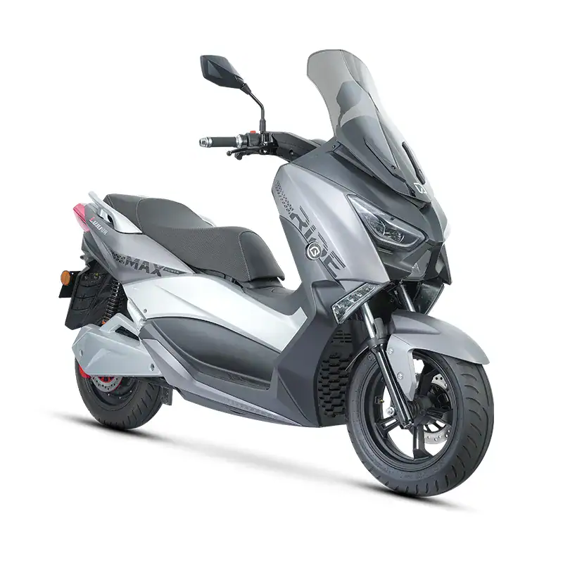 Modern Phantom Max electric scooter with sleek design, large windshield, and comfortable seating, ideal for urban commuting and eco-friendly transportation.
