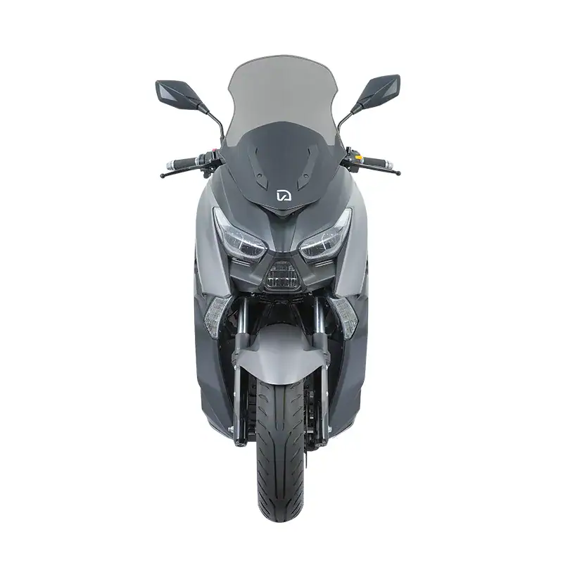 Modern PHANTOM MAX electric scooter with sleek design, front view showcasing aerodynamic body, LED headlights, and side mirrors, ideal for urban commuting.