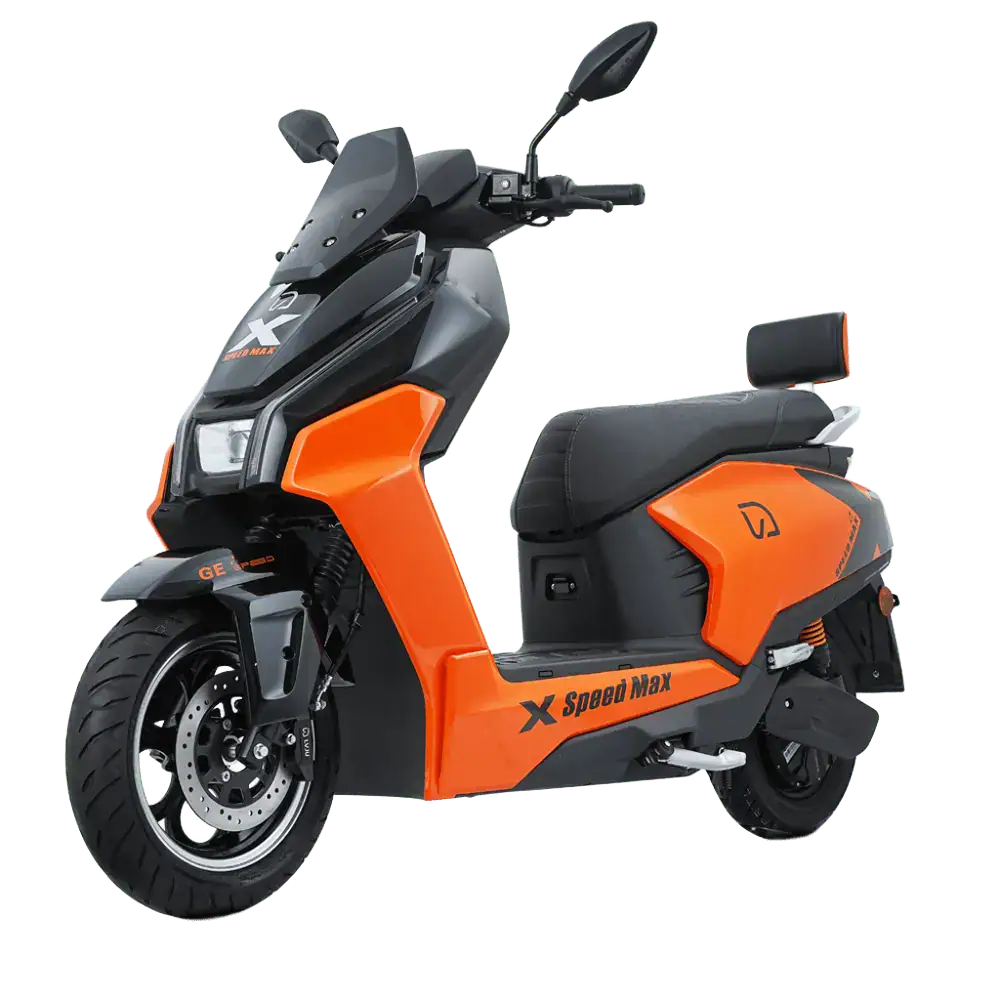 Electric scooter with sleek black and orange design, ideal for city travel and eco-friendly transportation. Features modern technology, comfortable seating, and durable build for daily commuting.