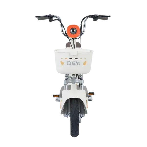Modern electric scooter with a white body, black tires, and orange accents, designed for eco-friendly urban transportation.