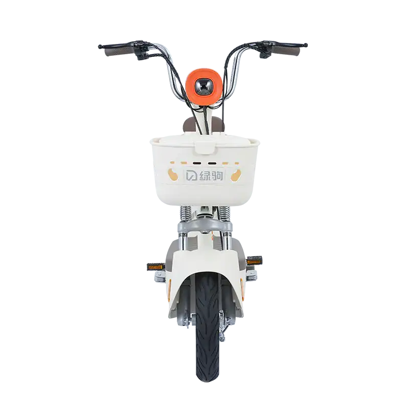 Modern electric scooter with a white body, black tires, and orange accents, designed for eco-friendly urban transportation.