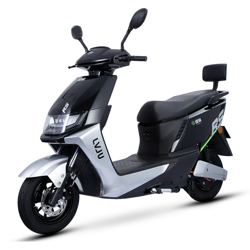 Electric scooter with modern design, black and silver finish, featuring a comfortable seat, rearview mirrors, and advanced features for eco-friendly urban transportation.
