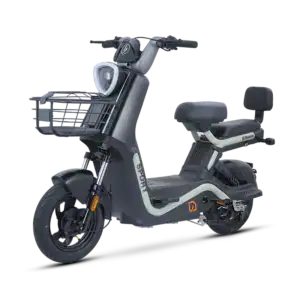 Electric scooter with front basket and ergonomic seat for city travel.
