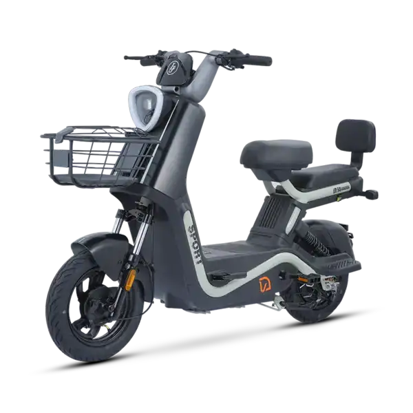 Electric scooter with front basket and ergonomic seat for city travel.