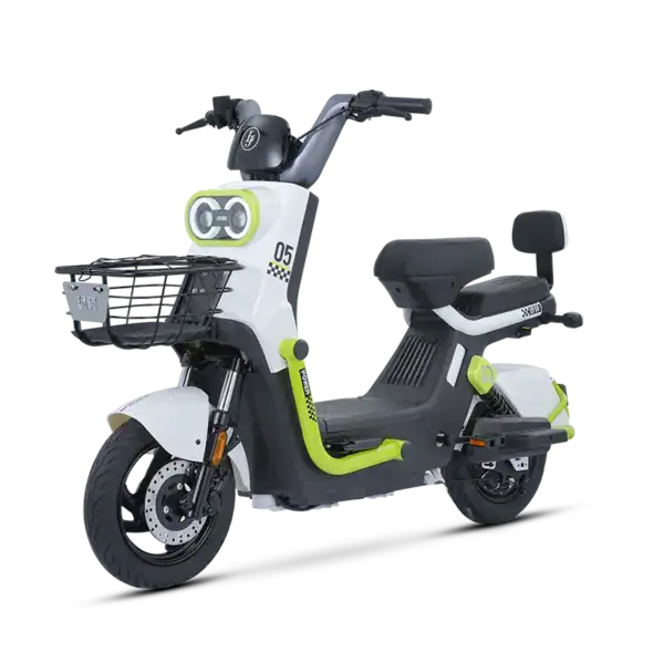 Modern electric scooter with a sleek design, black and white color scheme, and green accents, ideal for urban commuting and eco-friendly transportation.