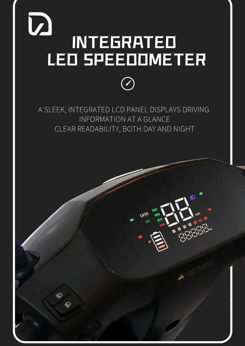 Modern integrated LED speedometer with LCD display showing speed, battery level, and driving information for enhanced vehicle monitoring.