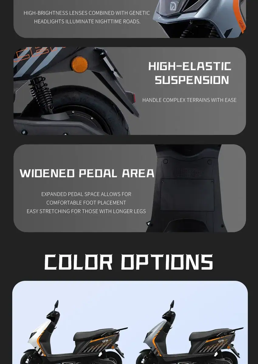 Electric scooter featuring high-elastic suspension and a spacious pedal area for comfortable riding on diverse terrains. Perfect for outdoor adventures and urban commuting.