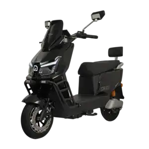 Modern black electric scooter with a sleek design, suitable for city commuting and eco-friendly transportation. Features a comfortable seat, digital display, and durable tires.
