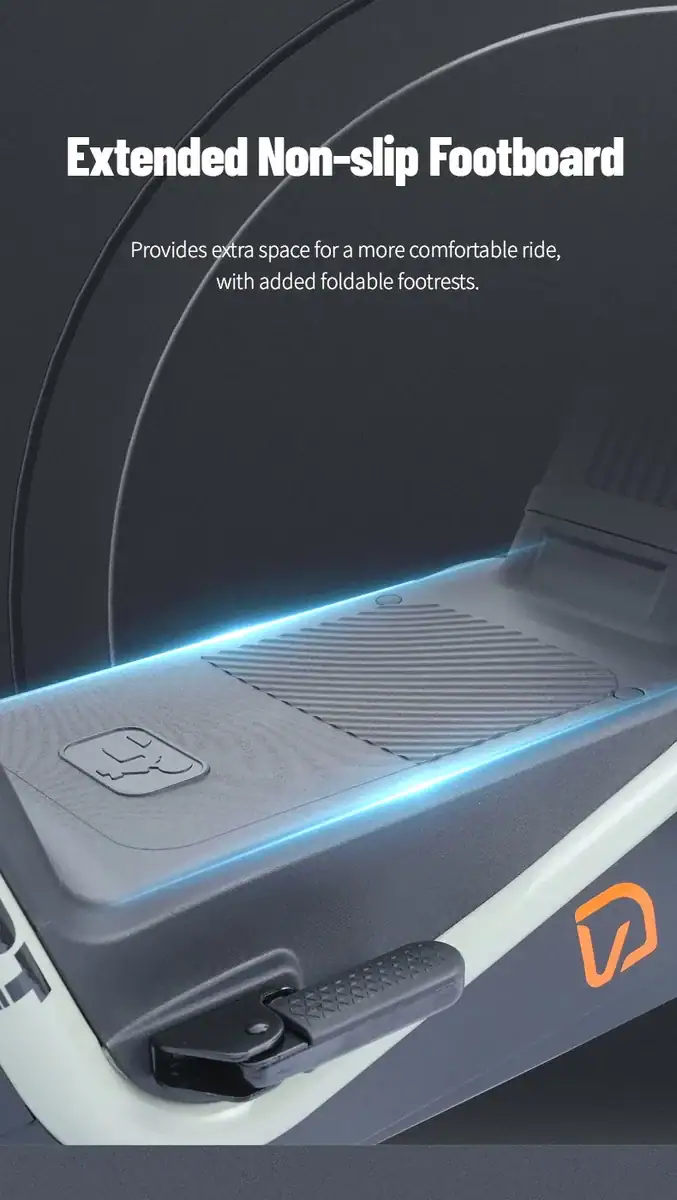 Close-up of an extended non-slip footboard on a wheelchair, highlighting added comfort and safety features for users.