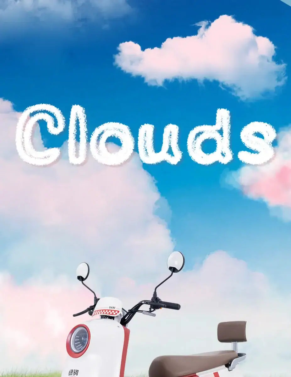 Bright sky with fluffy clouds spelling "Clouds" and a scooter in the foreground, illustrating a cloud-themed concept for digital or cloud computing services.