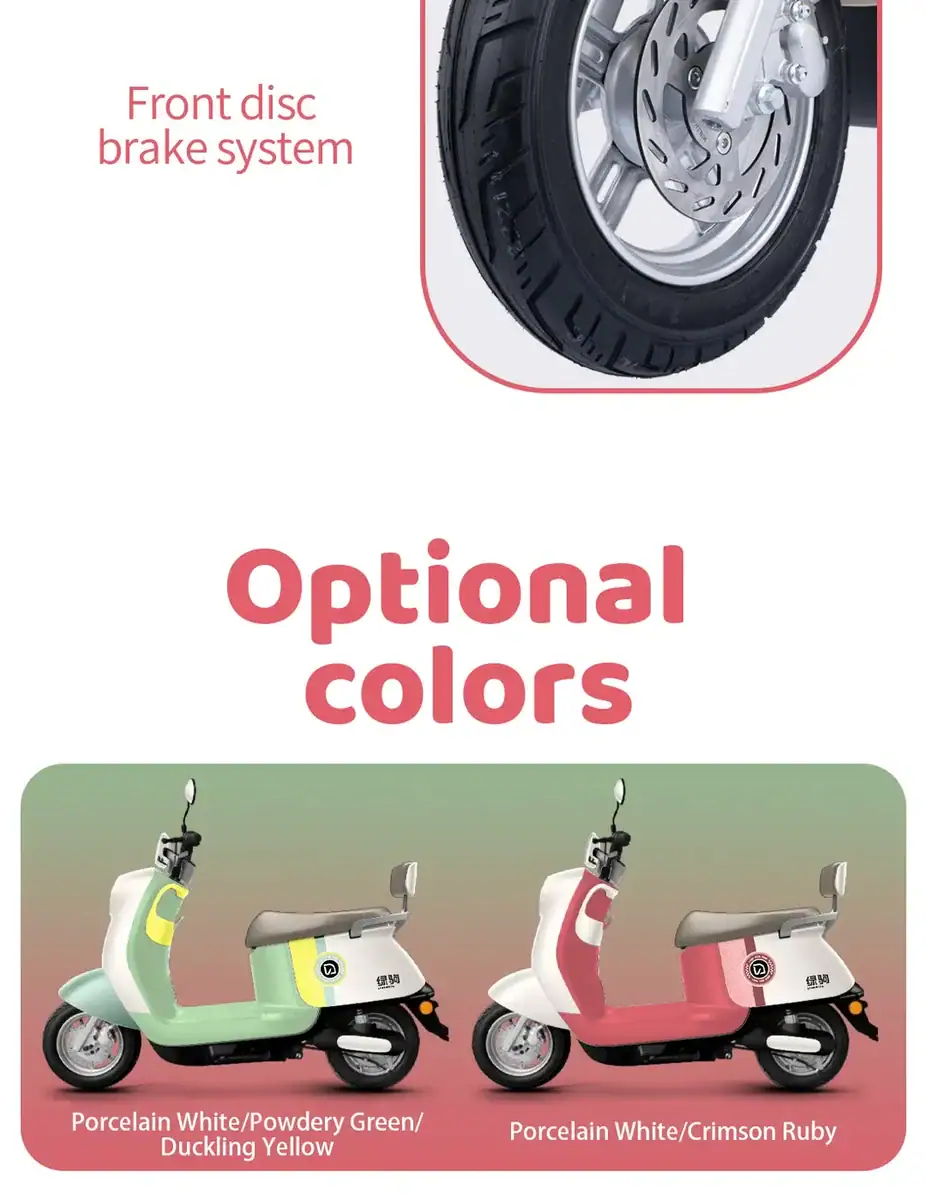 Close-up of a scooter's front disc brake system, highlighting the braking component and wheel design, suitable for electric scooter safety and maintenance.