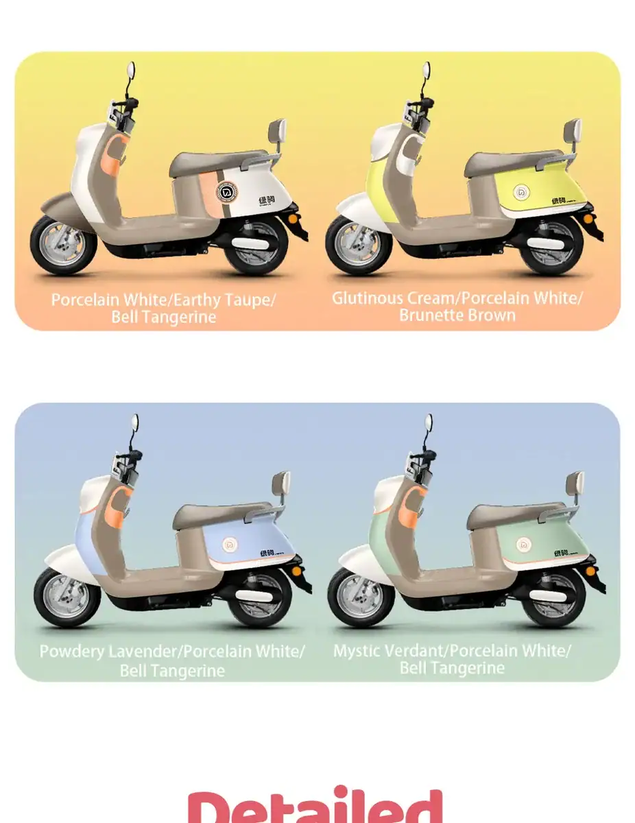 Four colorful scooters with porcelain white, earthy taupe, glutinous cream, and powdery lavender shades, each featuring a bell tangerine accent, set against pastel backgrounds.