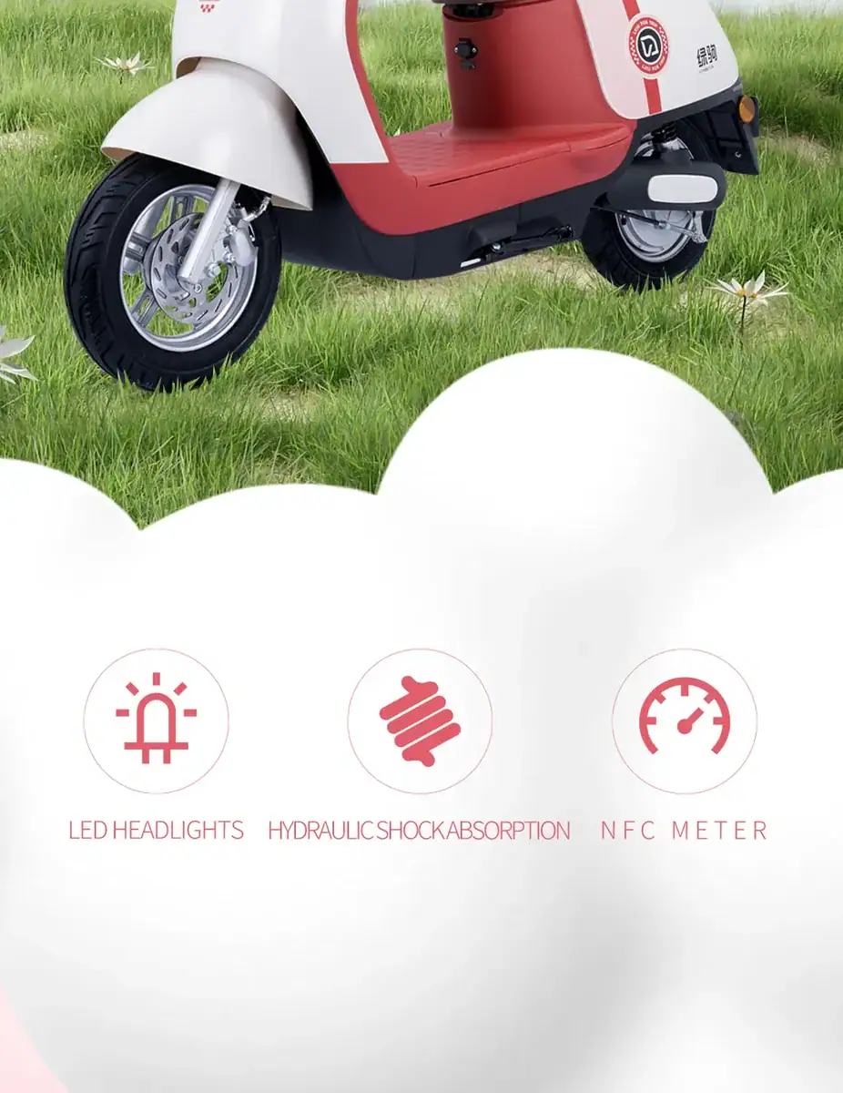 Modern electric scooter featuring cloud-inspired design elements, highlighting LED headlights, hydraulic shock absorption, and NFC meter for enhanced urban transportation.