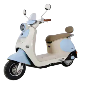 Vintage-style electric scooter ideal for city travel and short-distance commuting. Features a beige and light blue color scheme, comfortable seat, and classic aesthetic.