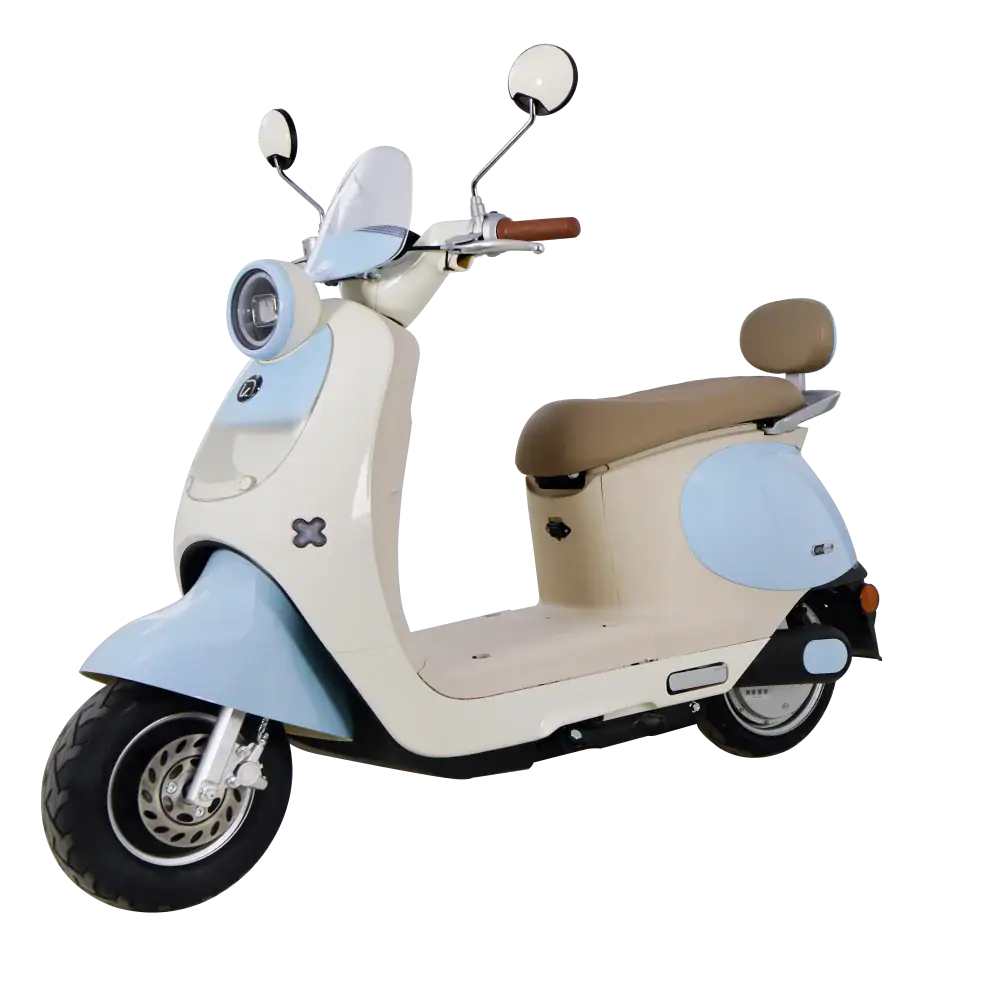 Vintage-style electric scooter ideal for city travel and short-distance commuting. Features a beige and light blue color scheme, comfortable seat, and classic aesthetic.
