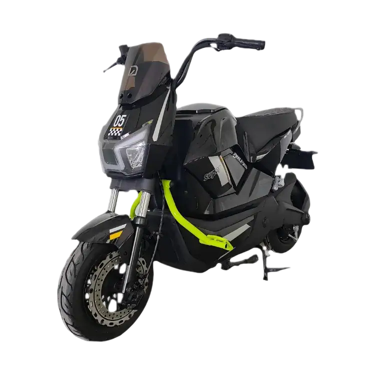 Modern black electric scooter with yellow accents, designed for urban commuting, featuring a sleek build and advanced battery technology.