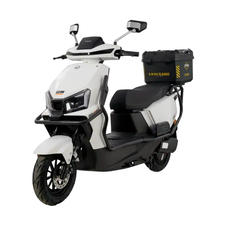 Modern white electric scooter with black accents, designed for urban commuting, featuring a comfortable seat, digital display, and storage compartment.