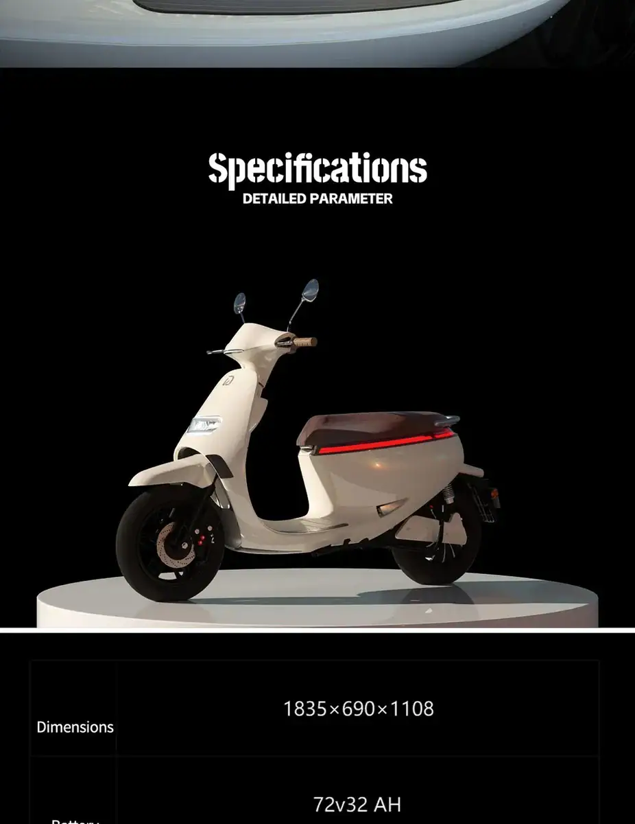 Modern white scooter showcased on a platform with detailed specifications, emphasizing sleek design and advanced features, suitable for urban commuting and stylish transportation.