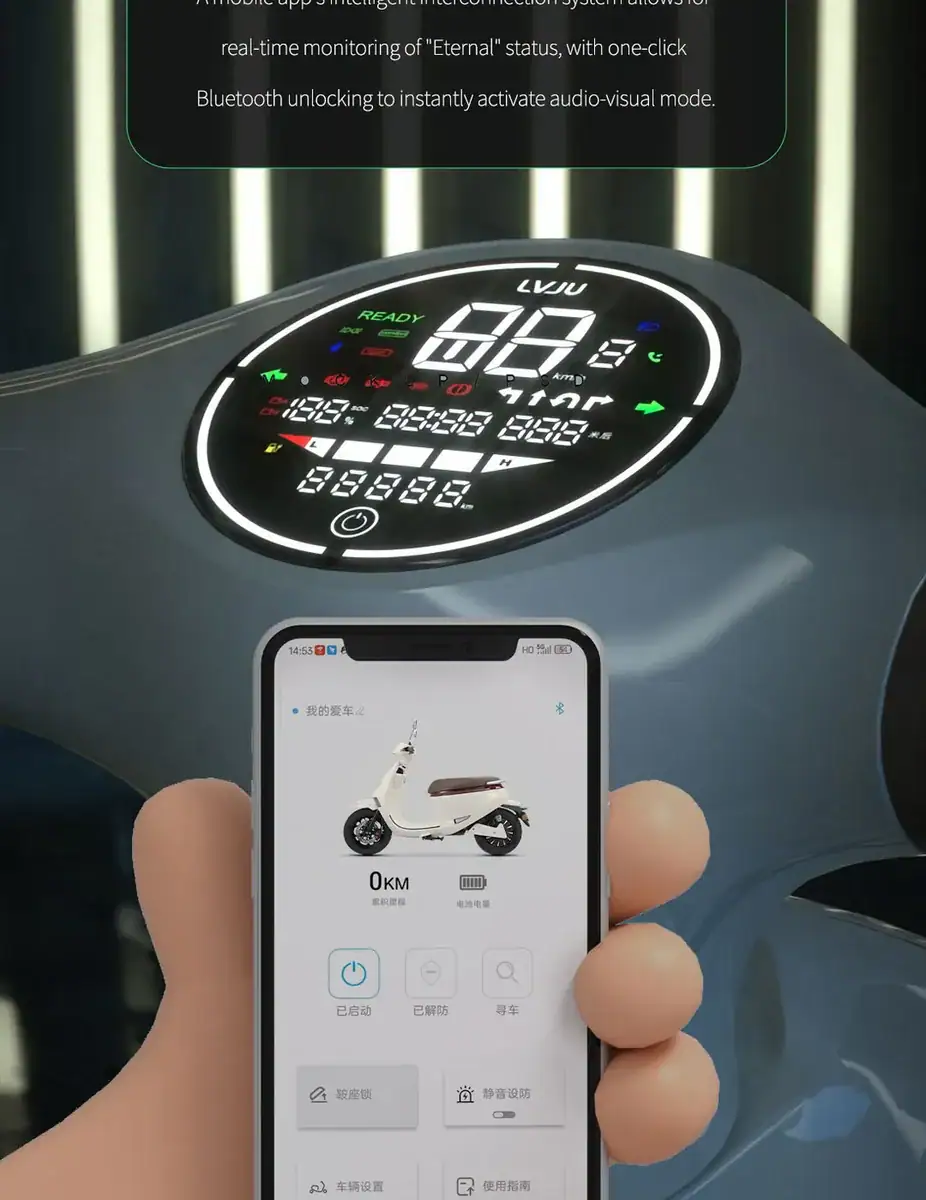 Close-up of an electric scooter dashboard displaying speed, battery, and status indicators, with a smartphone showing scooter control options, emphasizing smart mobility solutions.