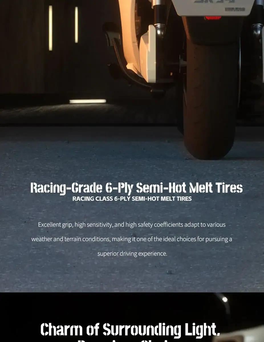 Close-up of racing-grade 6-ply semi-hot melt tires on a motorcycle, highlighting their grip and safety features for high-performance driving.