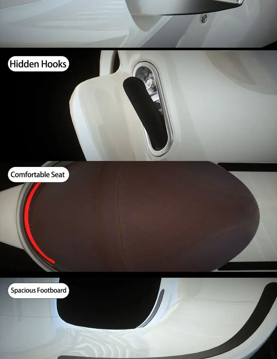 Close-up of modern car interior highlighting hidden hooks, comfortable seat, and spacious footboard for enhanced comfort and convenience.