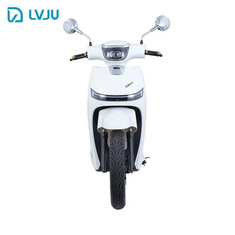 Electric scooter with front view, showcasing a modern, stylish design, white color, and LVJU branding, perfect for eco-conscious city travel and sustainable mobility.