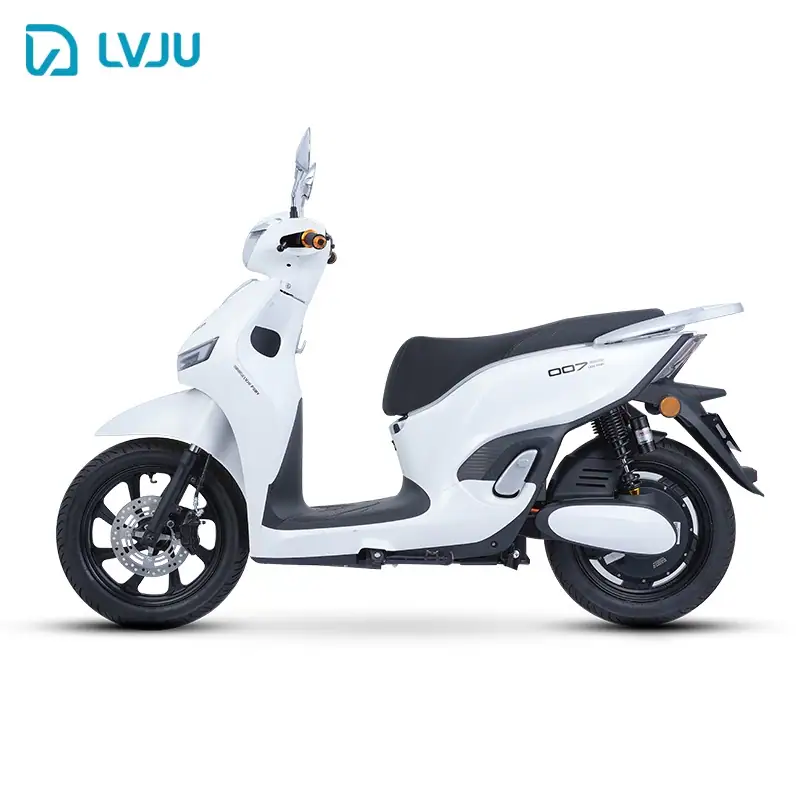 Modern white electric scooter with sleek design, black seat, and advanced features, ideal for urban commuting and eco-friendly transportation.