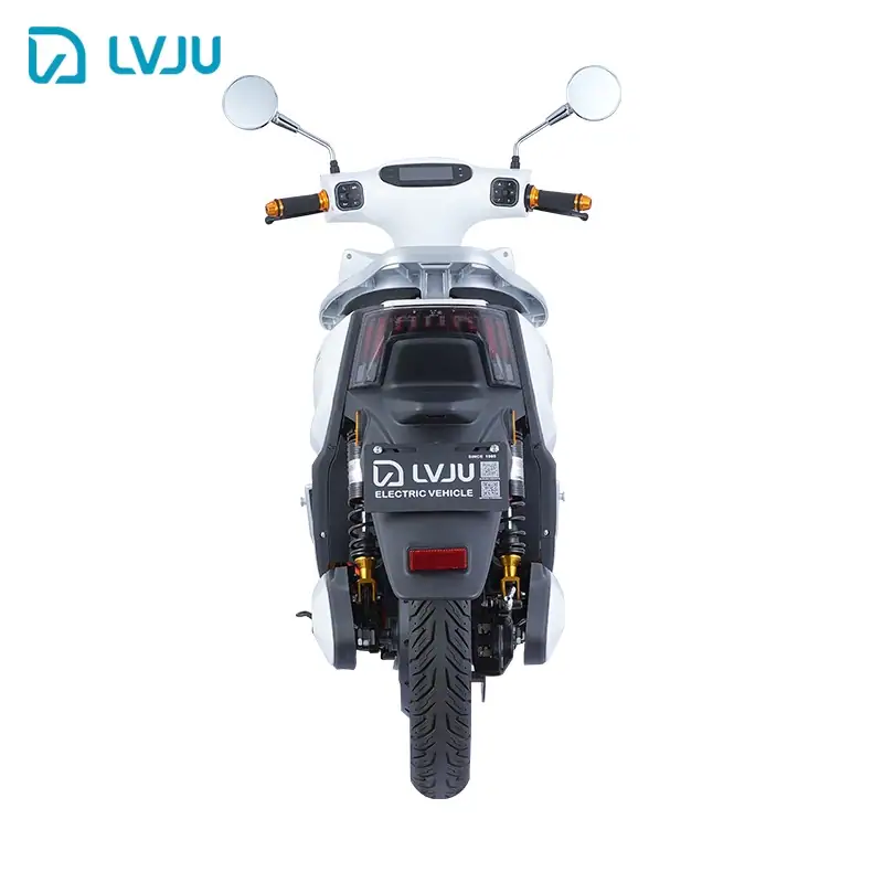 Modern electric scooter showcasing sleek design and dual rearview mirrors, branded with LVJU logo, ideal for eco-friendly urban transportation.