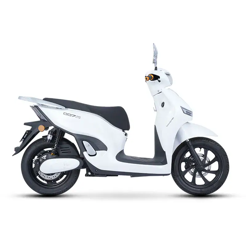 Electric scooter with sleek white body, black seat, and advanced features for eco-friendly city transportation. Perfect for short trips and daily commuting in urban environments.