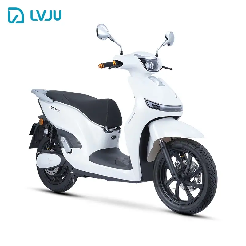 Modern white electric scooter designed for city commuting, featuring sleek styling, comfortable seat, and efficient battery for eco-friendly urban travel.