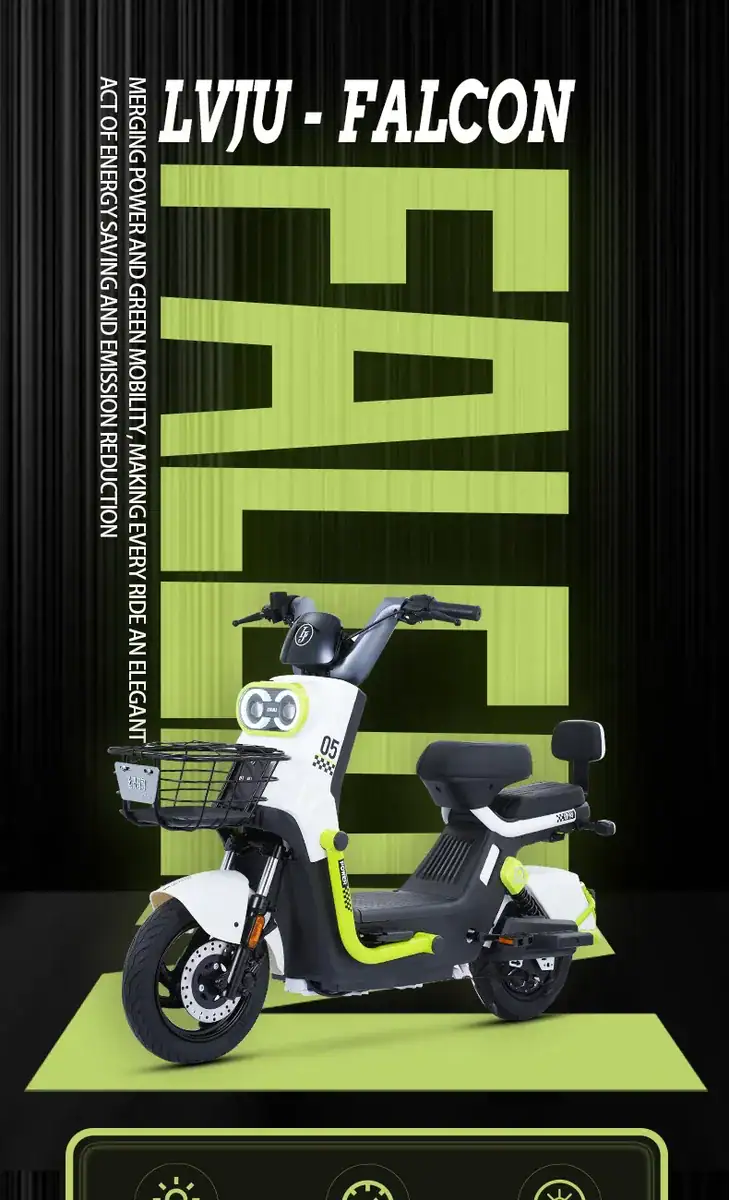 Modern FALCON electric scooter designed for urban commuting, featuring sleek black and neon green accents, ergonomic handlebar, and spacious footboard for comfortable city travel.