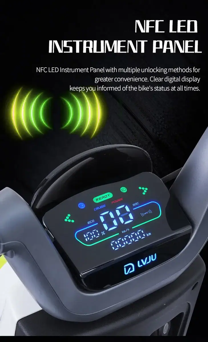 NFC LED instrument panel with digital display and multiple unlocking methods for e-bike control and status monitoring. Clear digital interface keeps riders informed of bike status at all times.