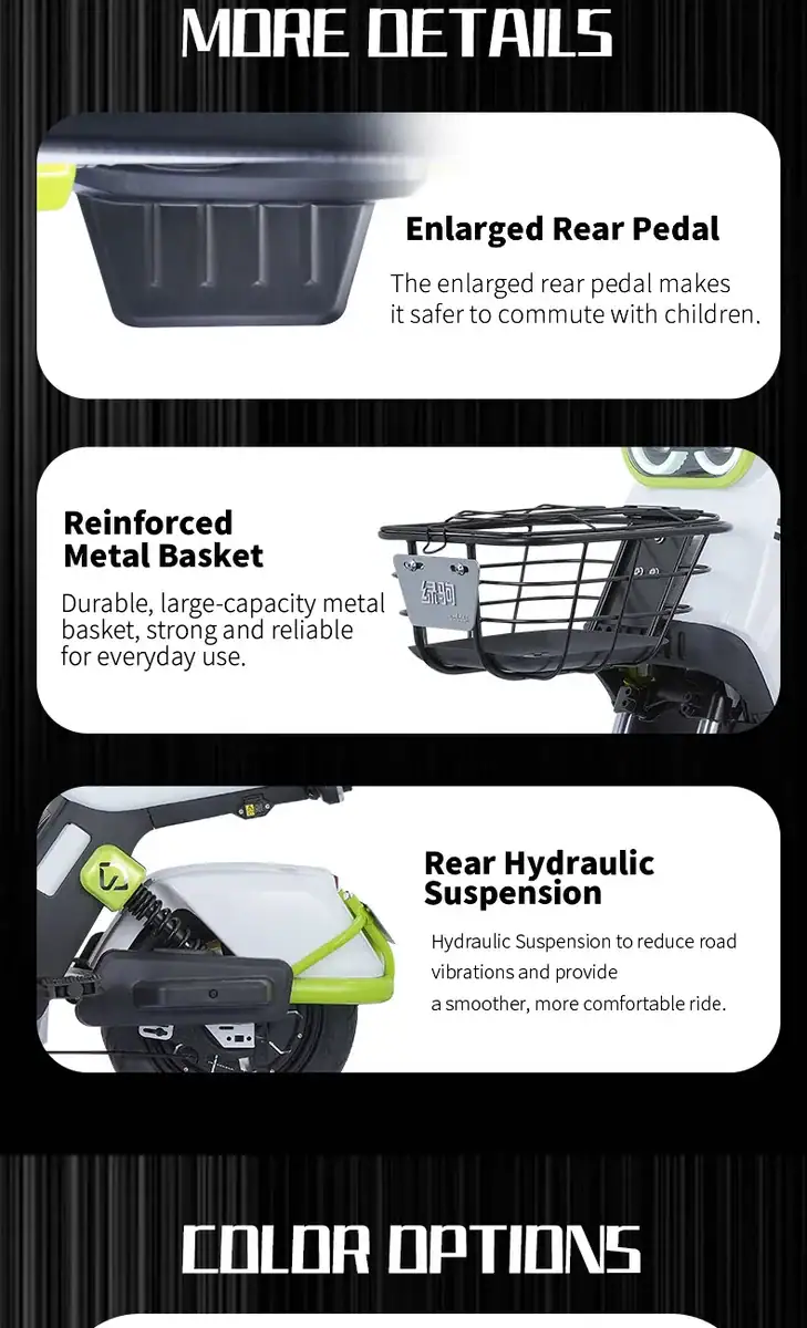 Enhanced rear pedal and reinforced metal basket for safety and durability.