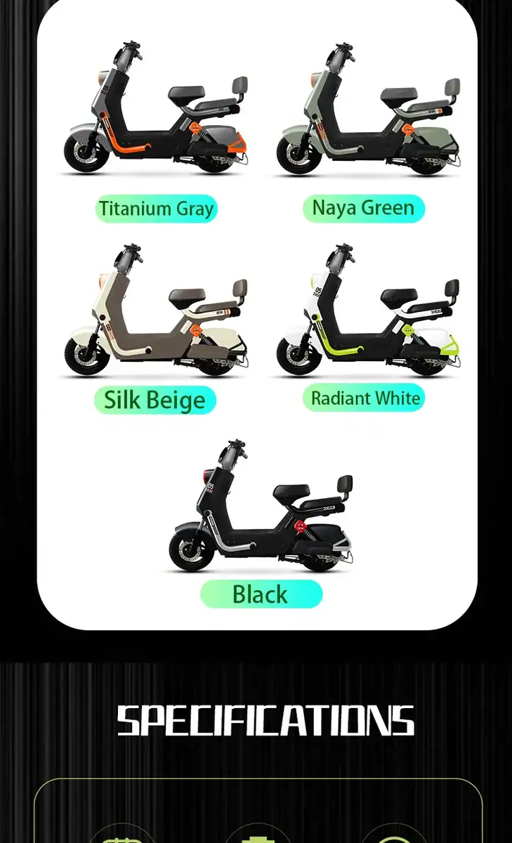 Image of five electric scooters in different colors including Titanium Gray, Naya Green, Silk Beige, Radiant White, and Black, showcasing various options for eco-friendly urban transportation.