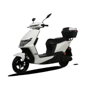 Modern white electric scooter with black accents, designed for urban commuting, featuring a comfortable seat, storage compartment, and advanced battery technology.