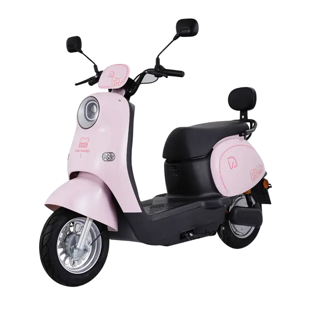 Electric scooter with pink floral design, black seat, and handlebars, ideal for eco-friendly urban transportation and stylish commuting.