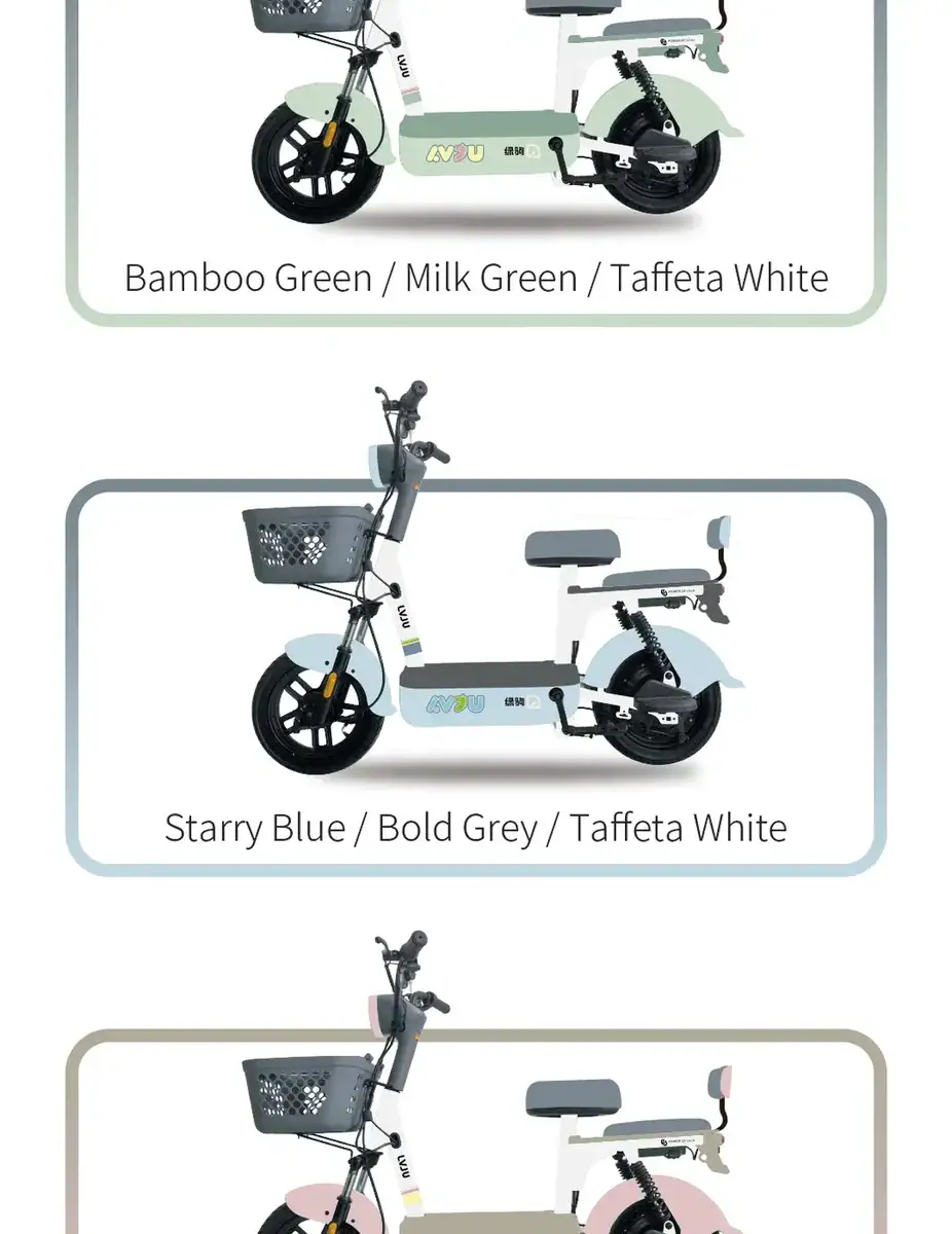 Image showcasing three stylish electric scooters in different color options: Bamboo Green, Starry Blue, and a third color, highlighting their modern design and eco-friendly features.