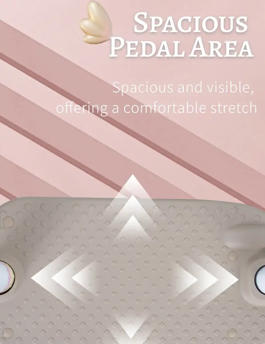 Genius pedal area image showing a spacious, visible, and comfortable stretch zone with textured surface and directional arrows for easy use. Ideal for fitness or physical therapy settings.