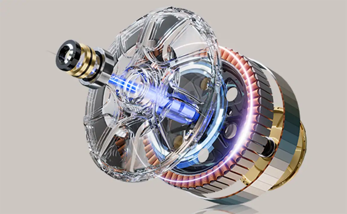 Advanced electric motor with transparent casing showing internal components, including copper windings and cooling system, ideal for e-commerce and tech applications.
