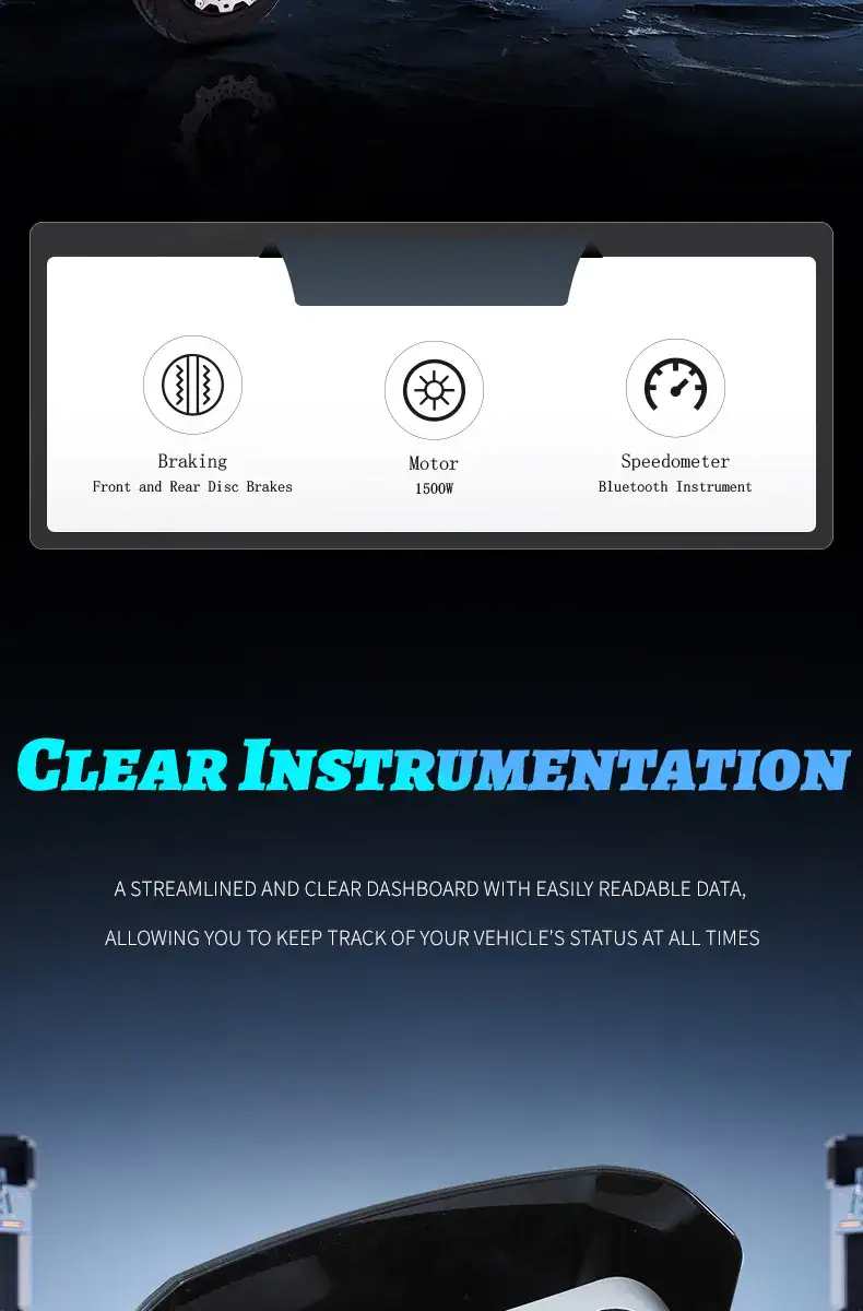 Dashboard display showing vehicle status icons for braking, motor, and speedometer, with a clear instrumentation interface for vehicle monitoring.